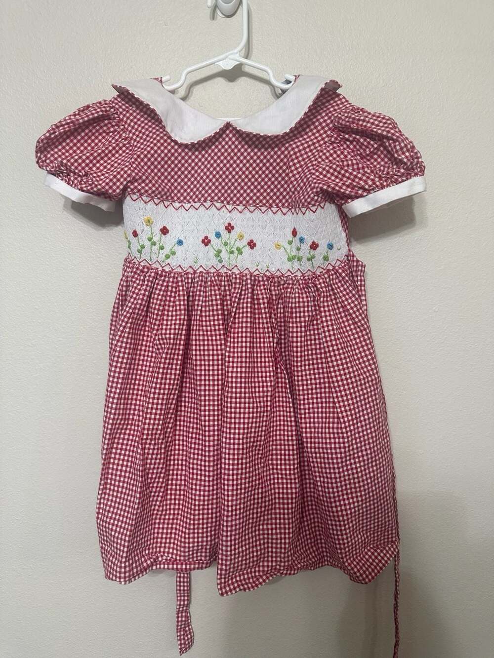 Vintage Friedknit Creations Girls Dress 5T Floral Knit Smocked Gingham Peter Pan
